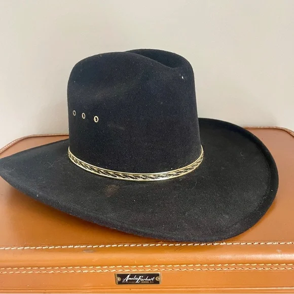 Western Express Inc. Black Felt Cowboy Hat Braided Band & Gold Accents Size 7 - Picture 8 of 9